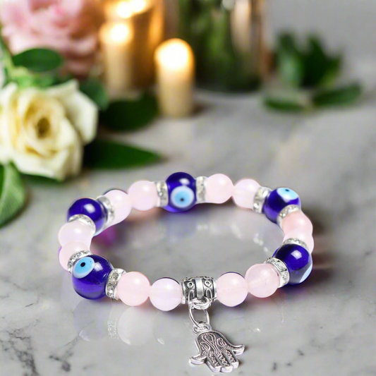 Rose Quartz With Evil Eye Stone Bracelet for Women & Girls 8mm Natural Healing Gemstone BY REBUY