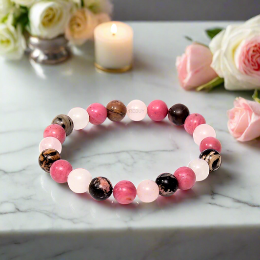 Rose Quartz Rhodonite Rhodocrosite Stone Bracelet 8mm Natural Healing Lab Certified Gemstone for Men & Women BY REBUY