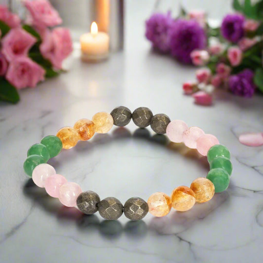 Love and Wealth Magnet Stone Diamond Cut Bracelet – 8mm for Men & Women Natural Healing Citrine, Pyrite, Rose Quartz, Green Aventurine Gemstone BY REBUY