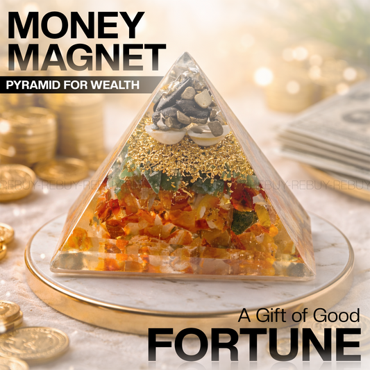 Money Magnet Pyramid with Natural Pyrite, Gomti Chakra, Pyrite Dust, Green Jade, Carnelian Stone..