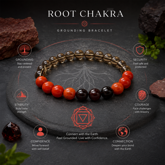 Root Chakra Bracelet for Grounding, Stability & Protection | Natural Red Carnelian, Smoky Quartz & Black Obsidian Beads | 7 Chakra Healing Crystal Bracelet for Men & Women