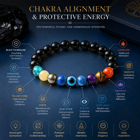 9 Chakra Healing Bracelet for Men & Women | Natural Stone Beaded Bracelet with Black Onyx, Amethyst, Tiger Eye, Lapis Lazuli & Evil Eye | Energy, Balance, Protection & Positive Vibes