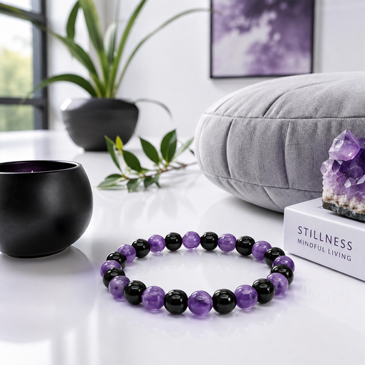 Tranquil Shield Bracelet for Men & Women | Amethyst & Black Obsidian Beaded Bracelet | Calming, Protective & Mindfulness Crystal Jewelry | Stylish Everyday Wear