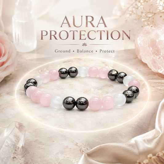 Aura Protection Bracelet for Men & Women | Rose Quartz, Selenite & Hematite Crystal Beads | Spiritual Energy & Positive Vibes Bracelet | Stretchable Healing Crystal Jewelry
