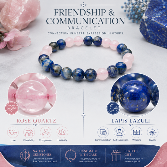 Friendship & Communication Bracelet for Men & Women | Rose Quartz & Blue Natural Stone Beads | Love, Harmony, Positive Energy & Clear Communication | Stretchable Crystal Healing Bracelet
