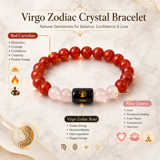 Virgo Zodiac Bracelet for Men & Women | Natural Red Carnelian & Rose Quartz Beads with Black Virgo Zodiac Charm | Adjustable Stretch Crystal Healing Bracelet | Birthday Gift for Virgo