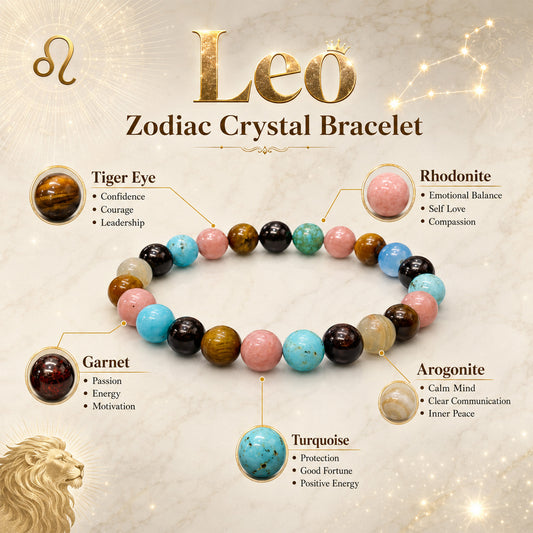 Reiki Crystal Leo Zodiac Bracelet for Men & Women | Natural Healing Gemstone Beaded Bracelet | Leo Birthstone Astrology Bracelet for Strength, Confidence, Courage, Success & Positive Energy | Adjustable Stretch Bracelet