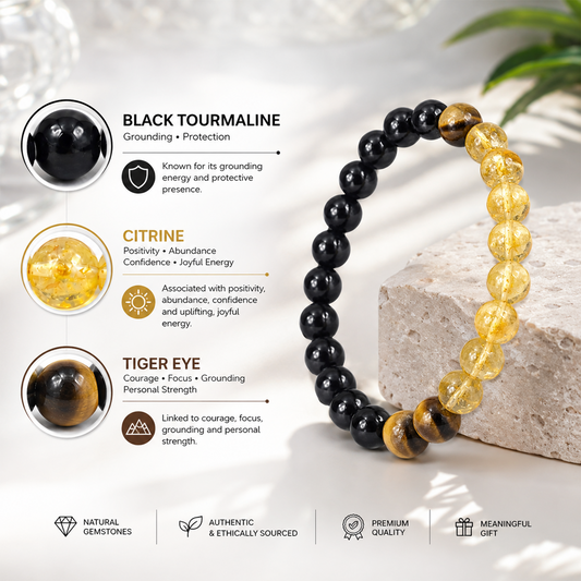 Natural Black Tourmaline, Citrine & Tiger Eye Crystal Bracelet for Men & Women | Handmade Stretch Beaded Bracelet for Protection, Confidence, Positivity & Prosperity | Stylish Healing Crystal Jewelry Gift