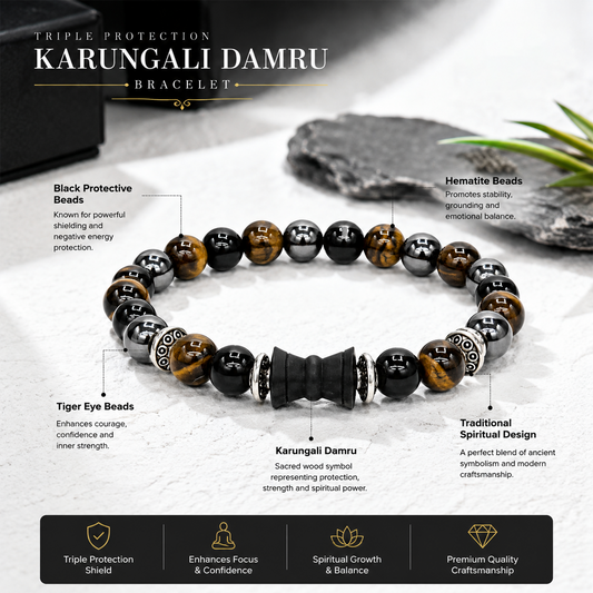 Triple Protection Karungali Damru Bracelet for Men | Black Karungali, Tiger Eye & Hematite Beads | Spiritual Protection, Strength & Confidence | Premium Beaded Bracelet for Men