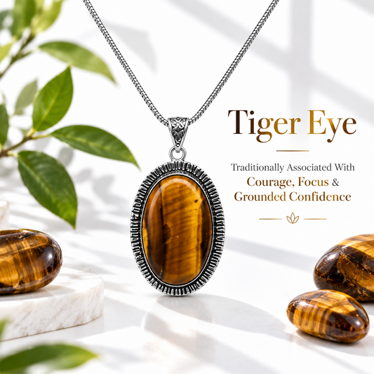 Tiger Eye Gemstone Pendant for Men & Women | Natural Tiger Eye Crystal Necklace with Oxidized Silver-Tone Setting | Confidence, Protection & Grounding Crystal Jewelry Gift