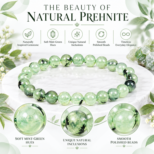 Prehnite Crystal Bracelet for Men & Women | Genuine Pale Green Gemstone Beaded Bracelet | Stone of Unconditional Love, Inner Peace & Emotional Balance | Spiritual Healing Jewelry | Elegant Everyday Wear & Gift
