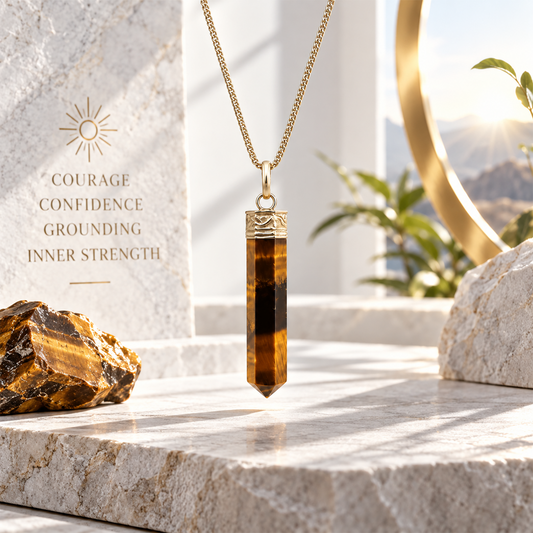 Natural Tiger Eye Crystal Pencil Pendant Necklace for Men & Women | Golden Brown Tiger Eye Gemstone Point Pendant | Elegant Crystal Jewelry for Confidence, Focus & Grounding | Gift for Him & Her