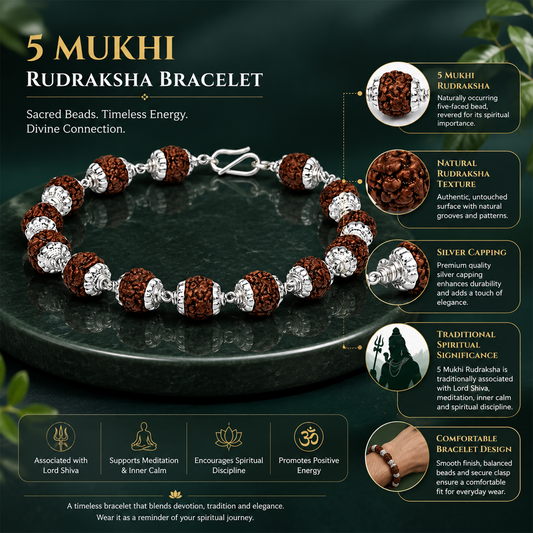5 Mukhi Rudraksha Bracelet with Premium Silver-Tone Caps | Traditional Spiritual Bead Bracelet for Men & Women | Meditation, Yoga & Daily Wear