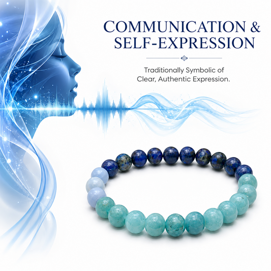 Throat Chakra Healing Bracelet for Communication & Self-Expression | Natural Blue Crystal Beaded Bracelet for Clarity, Confidence & Emotional Balance | Stretchable Unisex Spiritual Jewelry