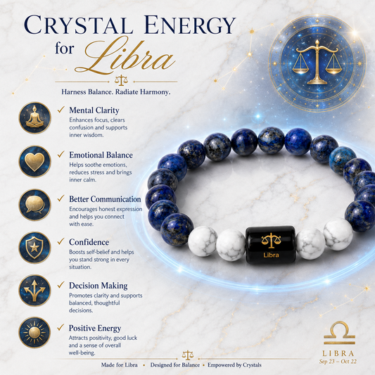 Libra Zodiac Bracelet for Men & Women | Natural Blue Lapis Lazuli & White Howlite Beads with Black Libra Zodiac Charm | Stretchable Astrology Bracelet for Balance, Style & Gifting