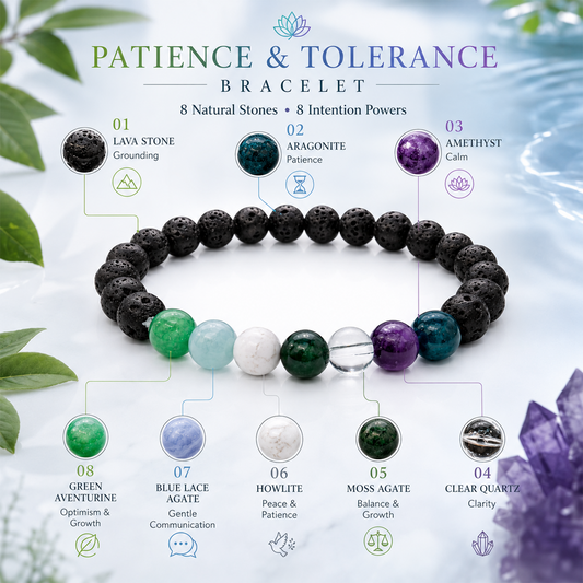 Patience & Tolerance Healing Crystal Bracelet for Men & Women | Natural Lava Stone & Multi-Crystal Beaded Bracelet for Calmness, Emotional Balance, Inner Peace & Mindful Living