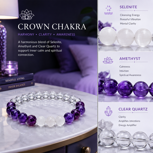 Crown Chakra Bracelet for Spiritual Balance & Meditation | Natural Amethyst & Clear Quartz Beads | Sahasrara Chakra Healing Crystal Bracelet for Men & Women