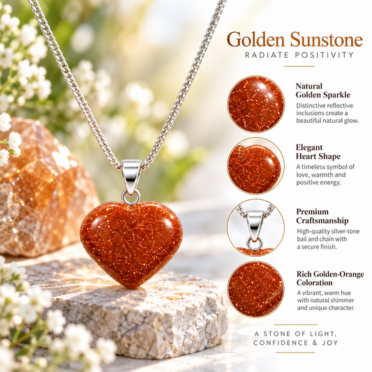 Golden Sunstone Heart Pendant for Women & Men | Natural Golden Sunstone Crystal Heart Necklace | Sparkling Orange Goldstone Gemstone Pendant | Energy, Confidence & Positivity Jewelry | Gift for Love, Birthday & Special Occasions