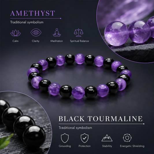 Tranquil Shield Bracelet for Men & Women | Amethyst & Black Obsidian Beaded Bracelet | Calming, Protective & Mindfulness Crystal Jewelry | Stylish Everyday Wear