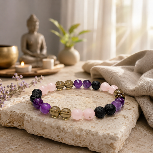 Crystal Healing Bracelet for Men & Women, Rose Quartz Amethyst Smoky Quartz & Black Lava Stone Beads (Anti-Depression Bracelet)