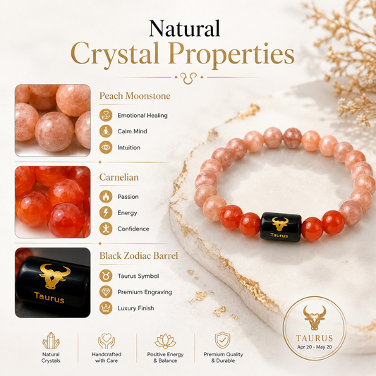 REBUY Taurus Zodiac Bracelet for Men & Women | Natural Peach Moonstone & Carnelian Beads with Black Taurus Zodiac Charm | Astrology-Inspired Bracelet for Confidence, Stability & Personal Style
