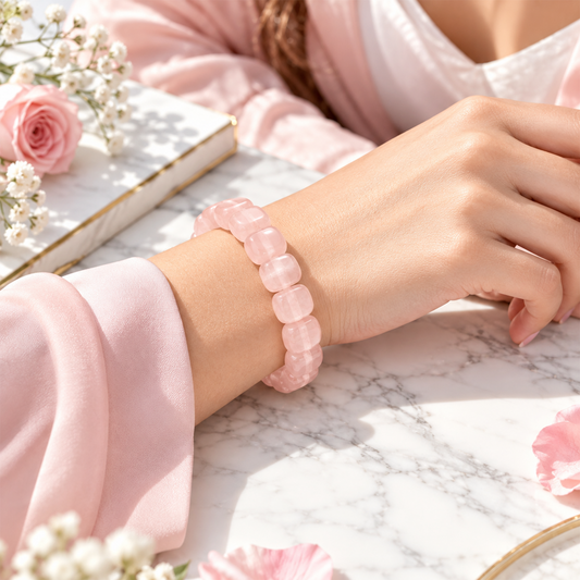 Rose Quartz Diamond Faceted Stone Square Beads 8mm Bracelet for Men & Women BY REBUY