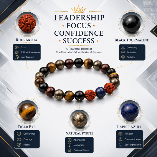 Leadership Bracelet for Men & Women | Natural Gemstone Beads with Rudraksha | Confidence, Focus, Courage & Personal Growth | Stretch Beaded Bracelet for Everyday Wear