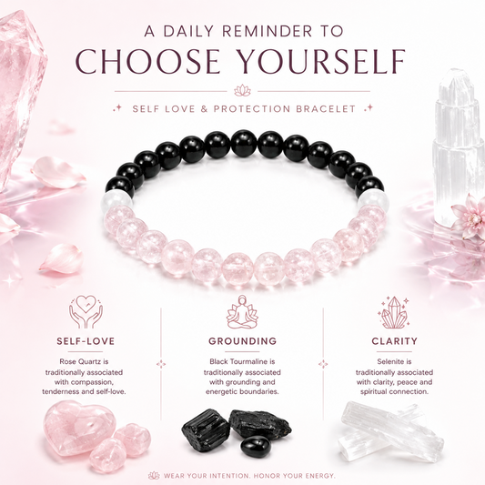 Self Love & Protection Bracelet for Women & Men | Black Onyx & Rose Quartz Crystal Beads | Emotional Balance, Positive Energy & Confidence | Stretchable Healing Crystal Bracelet
