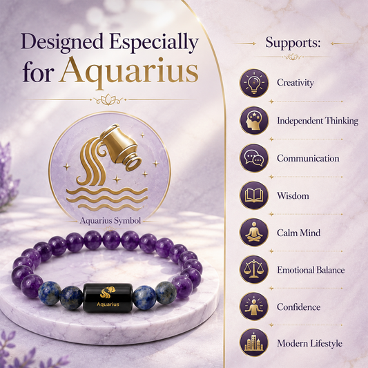 Aquarius Zodiac Bracelet for Men & Women | Natural Purple Amethyst & Blue Gemstone Beads with Aquarius Symbol Charm | Stretchable Astrology Bracelet for Everyday Wear, Gift & Personal Style