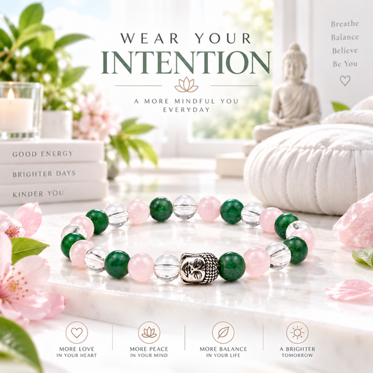 Rose Quartz Green Jade & Clear Quartz Stone With Buddha Charm Bracelet Lab Certified 8mm BY REBUY