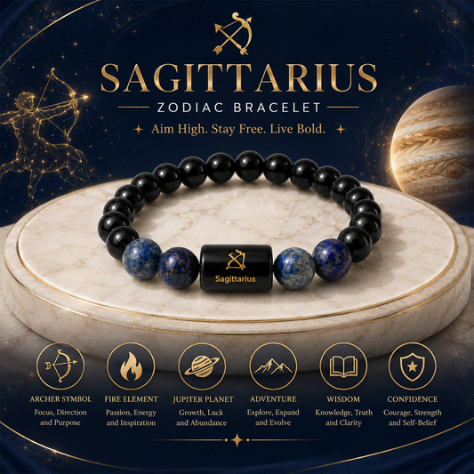 Sagittarius Zodiac Bracelet for Men & Women | Natural Black Onyx & Lapis Lazuli Beads with Sagittarius Zodiac Charm | Stylish Beaded Astrology Bracelet for Luck, Confidence & Everyday Wear