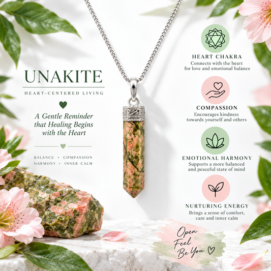 Unakite Crystal Pencil Pendant Necklace for Men & Women | Natural Unakite Gemstone Healing Crystal Point | Green & Pink Stone Pendant with Elegant Silver-Tone Cap & Chain | Meditation, Balance & Gifting Jewelry