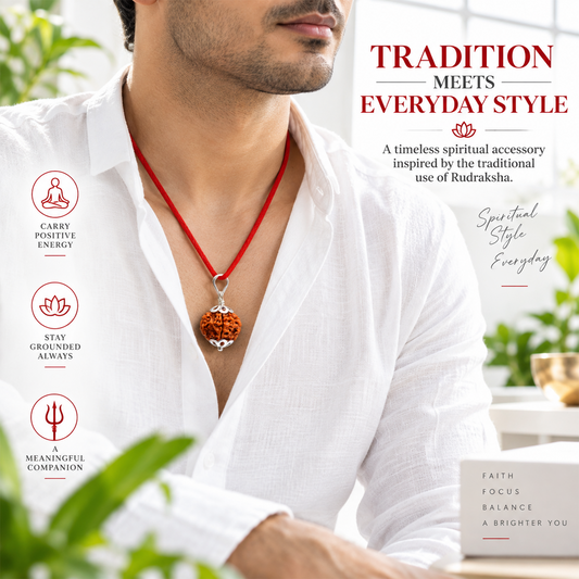 5 Mukhi Rudraksha Pendant for Men & Women | Natural Panchmukhi Rudraksha Bead with Silver-Plated Cap & Red Thread | Traditional Spiritual Wear for Meditation, Peace, Focus & Positive Energy