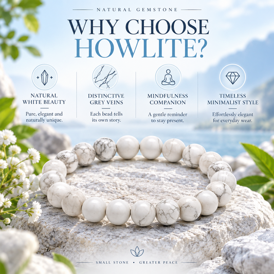 Howlite Bracelet for Men & Women | White Howlite Crystal Beads with Natural Grey Veins | Calming & Meditation Stone | 8mm Beaded Healing Crystal Bracelet | Spiritual Gift