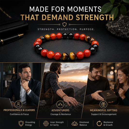 Strength & Protection Crystal Bracelet for Men & Women | Natural Carnelian, Tiger Eye & Black Onyx Beaded Bracelet | Confidence, Courage, Grounding & Protective Energy | Stretchable Healing Crystal Jewelry