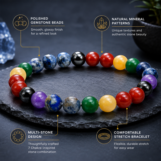 7 Chakra Healing Crystal Bracelet for Men & Women | Natural Stone Beads for Balance, Energy, Meditation, Yoga & Spiritual Wellness | Stretchable Unisex Chakra Bracelet