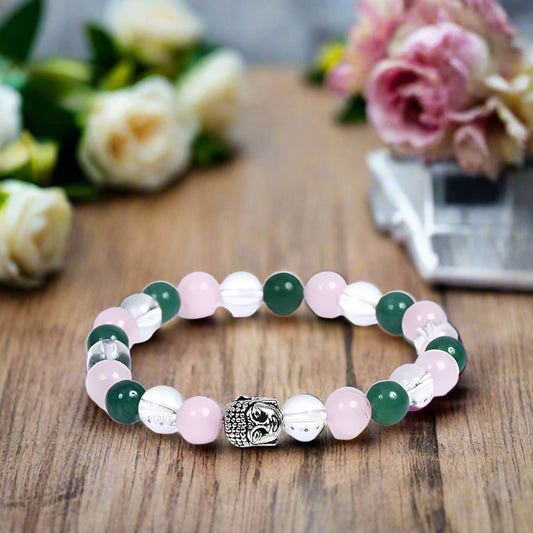 Rose Quartz Green Jade & Clear Quartz Stone With Buddha Charm Bracelet Lab Certified 8mm BY REBUY