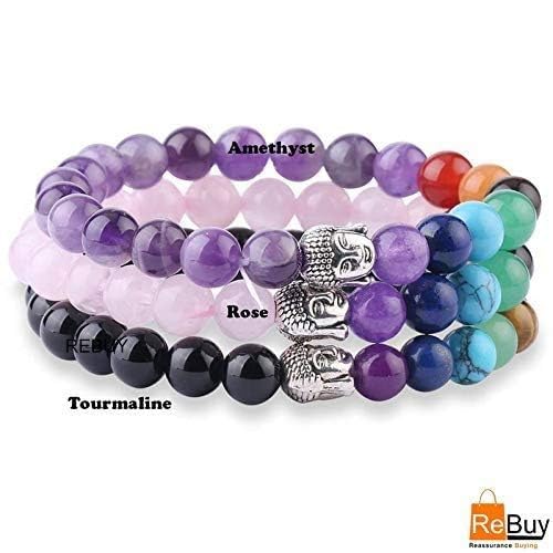 Amethyst, Rose Quartz, Black Tourmaline 7 Chakra with Buddha Head Stone Bracelet for Unisex Pack of 3 by REBUY