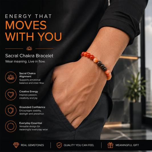 Sacral Chakra Bracelet for Women & Men | Natural Carnelian & Dark Stone Beads | Svadhisthana Chakra Healing Crystal Bracelet for Creativity, Passion, Confidence & Emotional Balance | Stretchable Spiritual Jewelry
