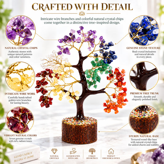 7 Chakra Stone Tree 350 Beads (10–12 Inch) | Natural Gemstone Tree for Meditation, Positive Energy, Chakra Balance | Vastu, Reiki, Feng Shui Room & Office Decor Gift BY REBUY