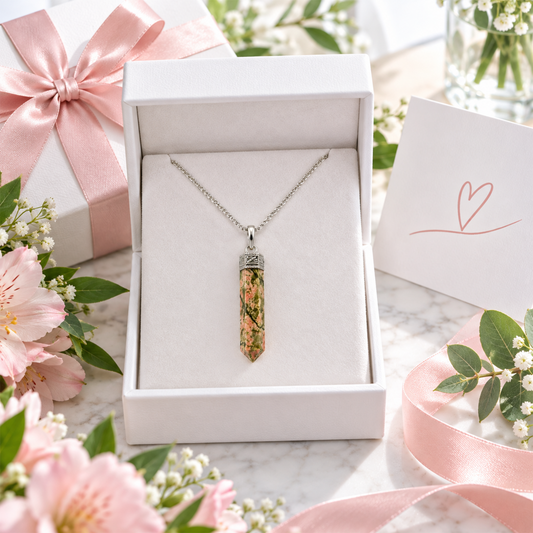 Unakite Crystal Pencil Pendant Necklace for Men & Women | Natural Unakite Gemstone Healing Crystal Point | Green & Pink Stone Pendant with Elegant Silver-Tone Cap & Chain | Meditation, Balance & Gifting Jewelry