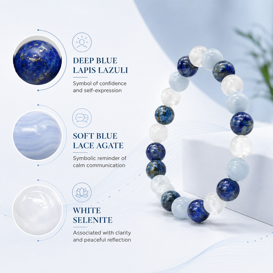 Thyroid Healing Crystal Bracelet for Men & Women | Natural Lapis Lazuli, Aquamarine & Clear Quartz Beaded Bracelet | Wellness, Balance & Positive Energy Bracelet | Stretchable Crystal Bracelet