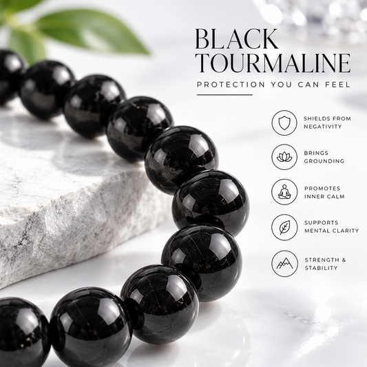 Black Tourmaline Bracelet for Men & Women | Polished Black Tourmaline Beaded Crystal Bracelet | Protective & Grounding Energy Stone | Stylish Spiritual Jewelry for Everyday Wear | Gift for Him & Her