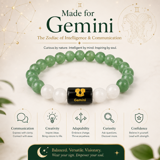 Gemini Zodiac Bracelet for Men & Women | Natural Green Crystal Beaded Bracelet with White Beads & Gemini Zodiac Charm | Adjustable Stretch Bracelet for Astrology Lovers, Birthday & Everyday Wear
