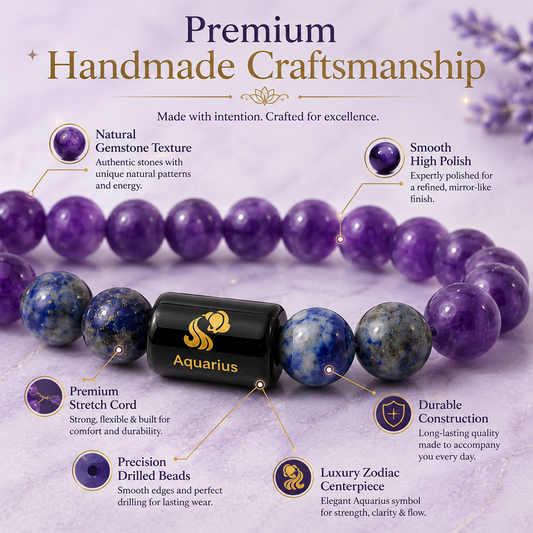 Aquarius Zodiac Bracelet for Men & Women | Natural Purple Amethyst & Blue Gemstone Beads with Aquarius Symbol Charm | Stretchable Astrology Bracelet for Everyday Wear, Gift & Personal Style