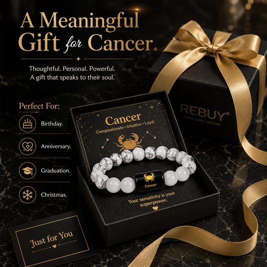 Cancer Zodiac Bracelet for Men & Women – Natural White Howlite Beaded Bracelet with Black Cancer Zodiac Charm, Stretchable Astrology Jewelry & Birthday Gift