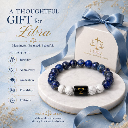Libra Zodiac Bracelet for Men & Women | Natural Blue Lapis Lazuli & White Howlite Beads with Black Libra Zodiac Charm | Stretchable Astrology Bracelet for Balance, Style & Gifting