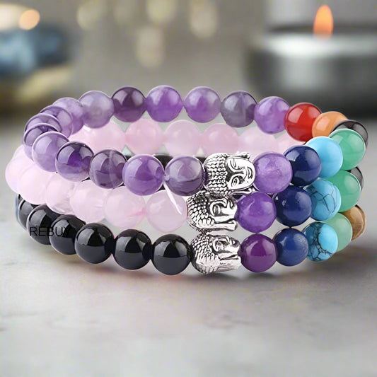 Amethyst, Rose Quartz, Black Tourmaline 7 Chakra with Buddha Head Stone Bracelet for Unisex Pack of 3 by REBUY