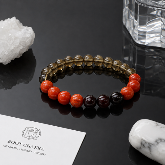 Root Chakra Bracelet for Grounding, Stability & Protection | Natural Red Carnelian, Smoky Quartz & Black Obsidian Beads | 7 Chakra Healing Crystal Bracelet for Men & Women