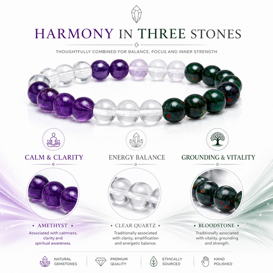 Infection Fighter Crystal Bracelet for Positive Energy & Wellness | Amethyst, Clear Quartz & Bloodstone Beads | Natural Healing Crystal Inspired Jewelry for Men & Women